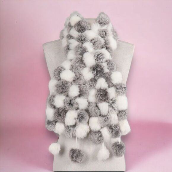 Checker Gray White Pom Pom Tassel Fur Neck Wrap Scarf - NEW - Picture 3 of 4